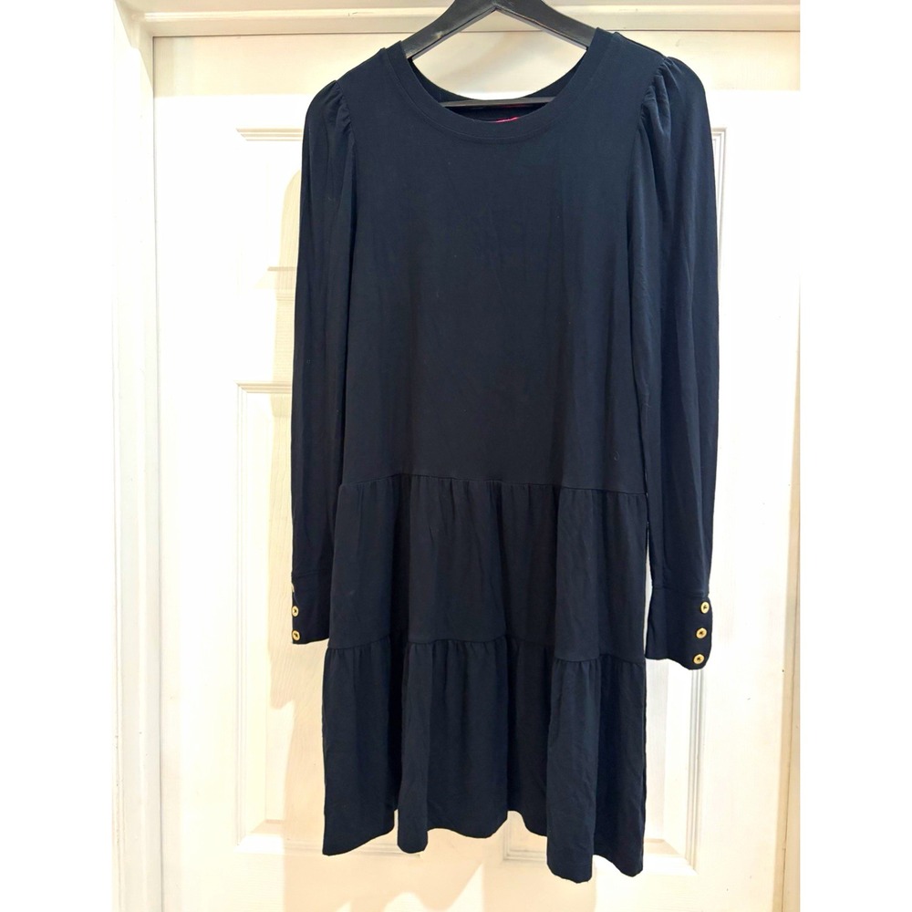 Lilly Pulitzer Black Solid Tiered Puff Long Sleeve Round Neck A-Line Dress S